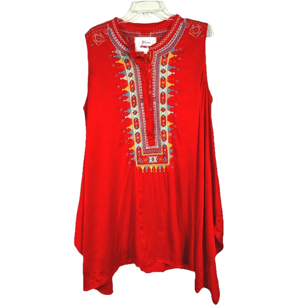 Biya by Johnny Was Red Embroidered Sleeveless Tunic Blouse L Boho Geometric